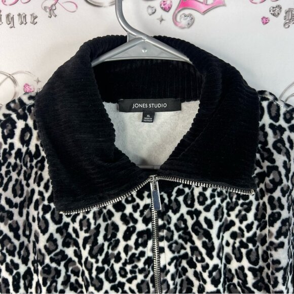 Jones Studio sweater zip up cheetah animal print black White Leopard Print Top - Picture 10 of 12